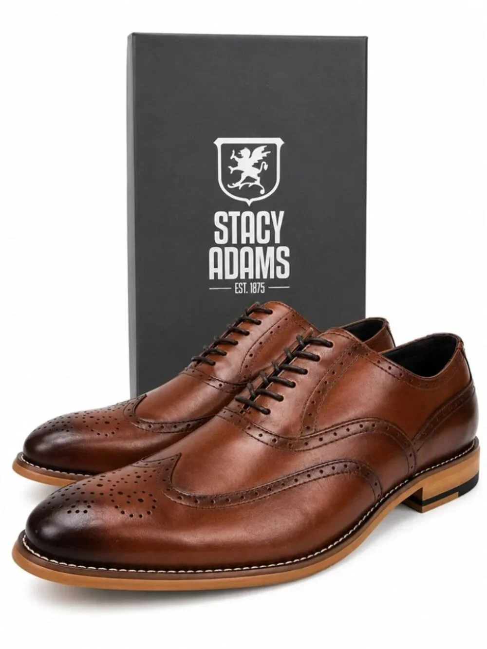 Share *New* Men's Stacy Adams Dunbar Wingtip Cognac Dress Shoes Size 8.5 M